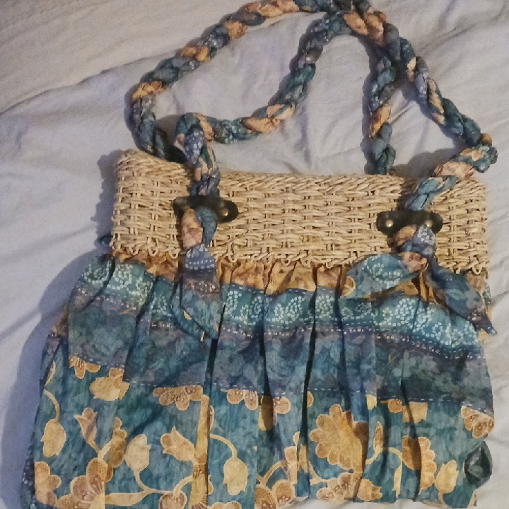 Cappelli Straworld Blue and Gold Floral Woven Shoulder Bag